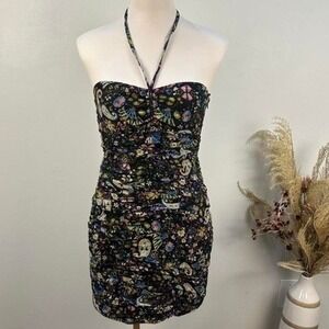 Zara Size M Black Ruched Floral Halter Neck Mini Dress Coquette Spring